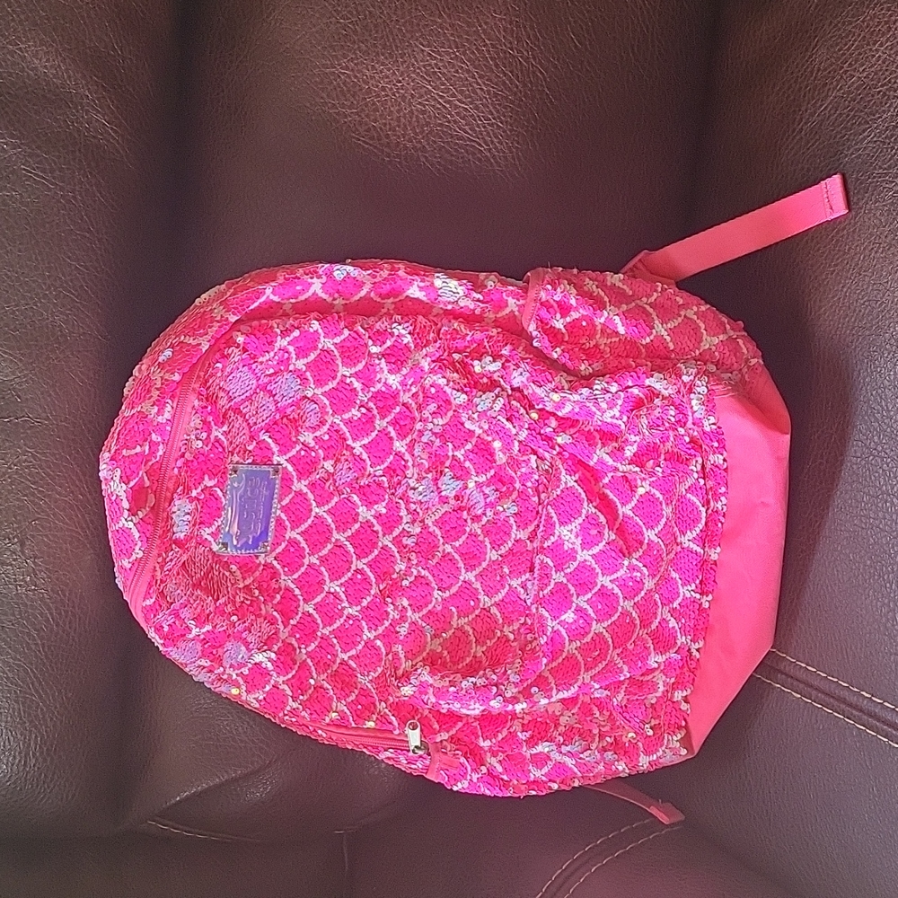Girls Justice pink mermaid sequin backpack and pencil case.and lunch box
